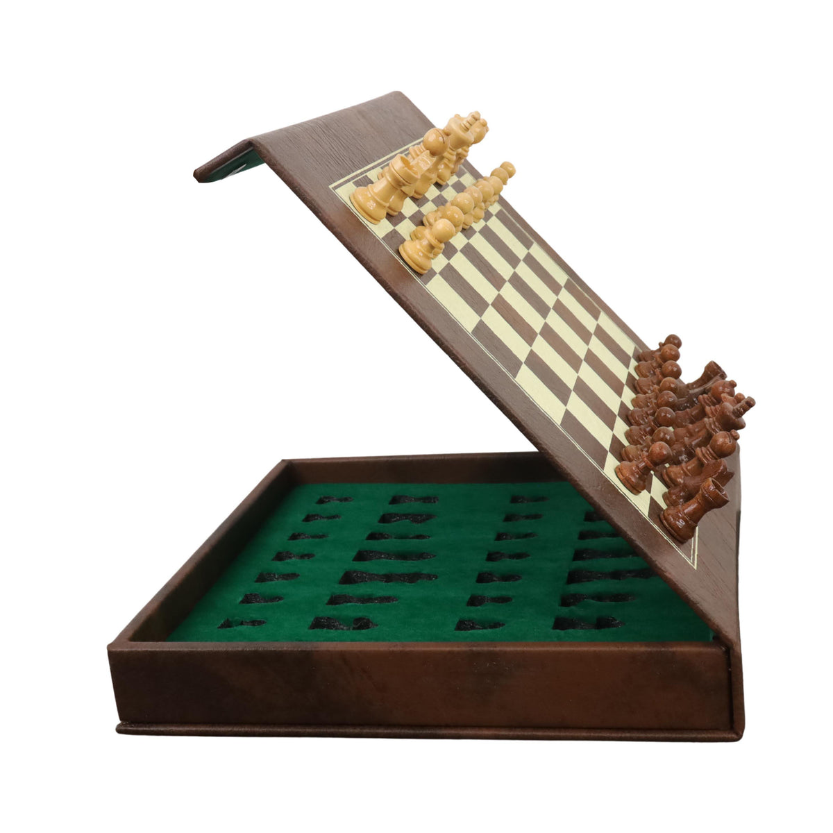 Magnetic travel chess set with wooden pieces on an angled board.