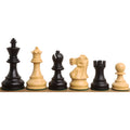 Complete front-facing lineup of ebonised boxwood and natural boxwood pieces from the Reykjavik Series Staunton chess set.