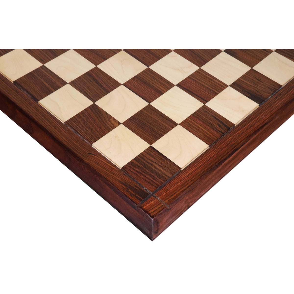 Close-up corner view of the 23 inch Players Choice Rosewood and Maple wood chess board showing the semi-matte finish.