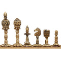 Dark side lineup of the 3.7" English Series Pre-Staunton antique camel bone chess pieces against a white background.