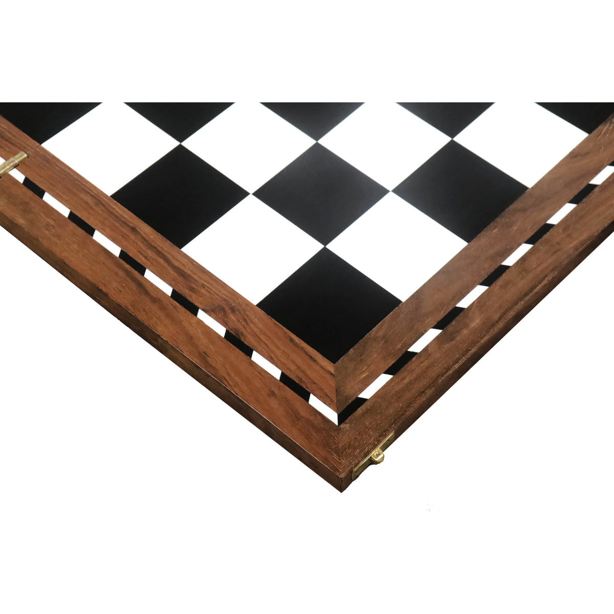 Close-up of the brass hinges and Golden Rosewood frame on a 21-inch folding chess board.