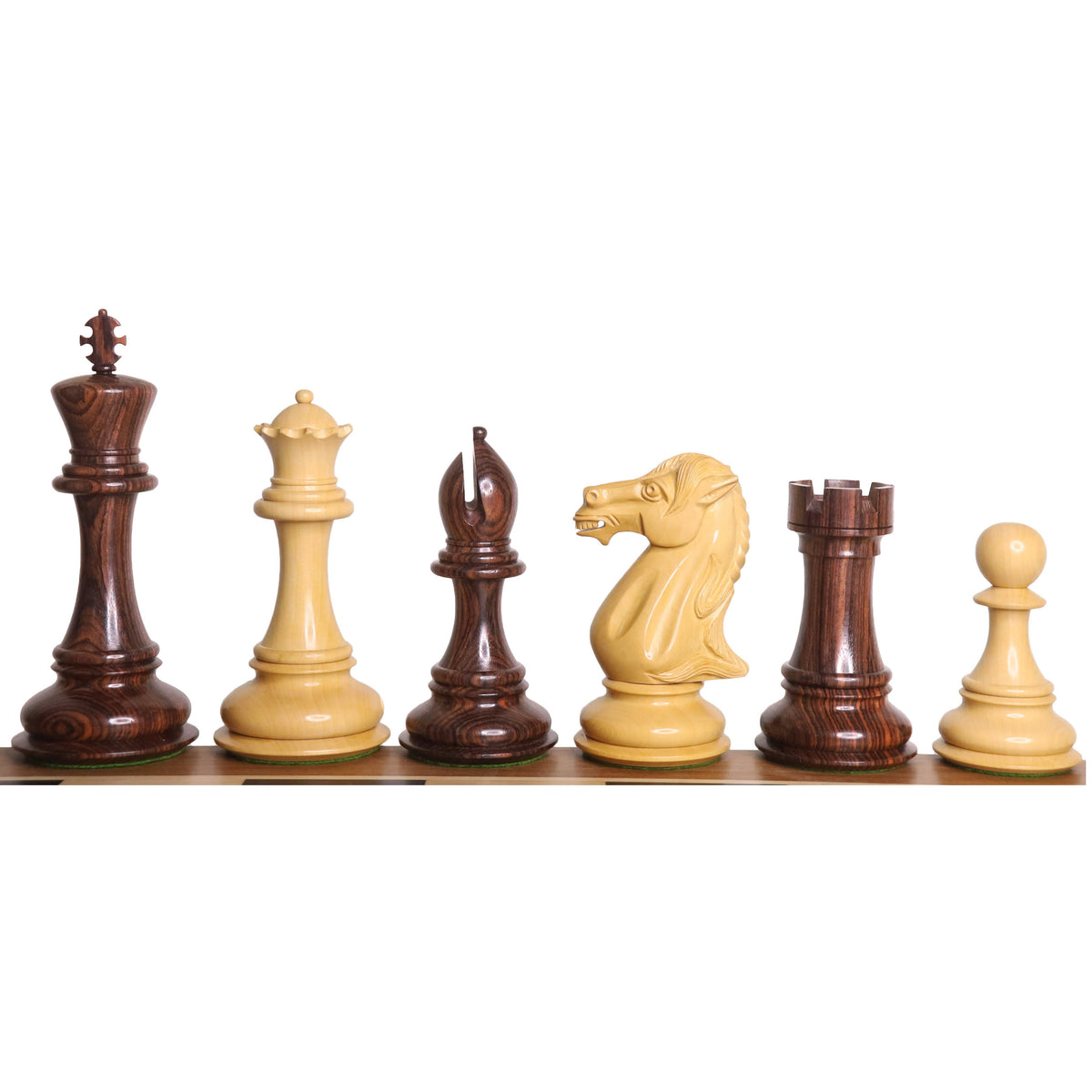 Assorted 6.1-inch Mammoth Staunton chess pieces in rosewood and boxwood.