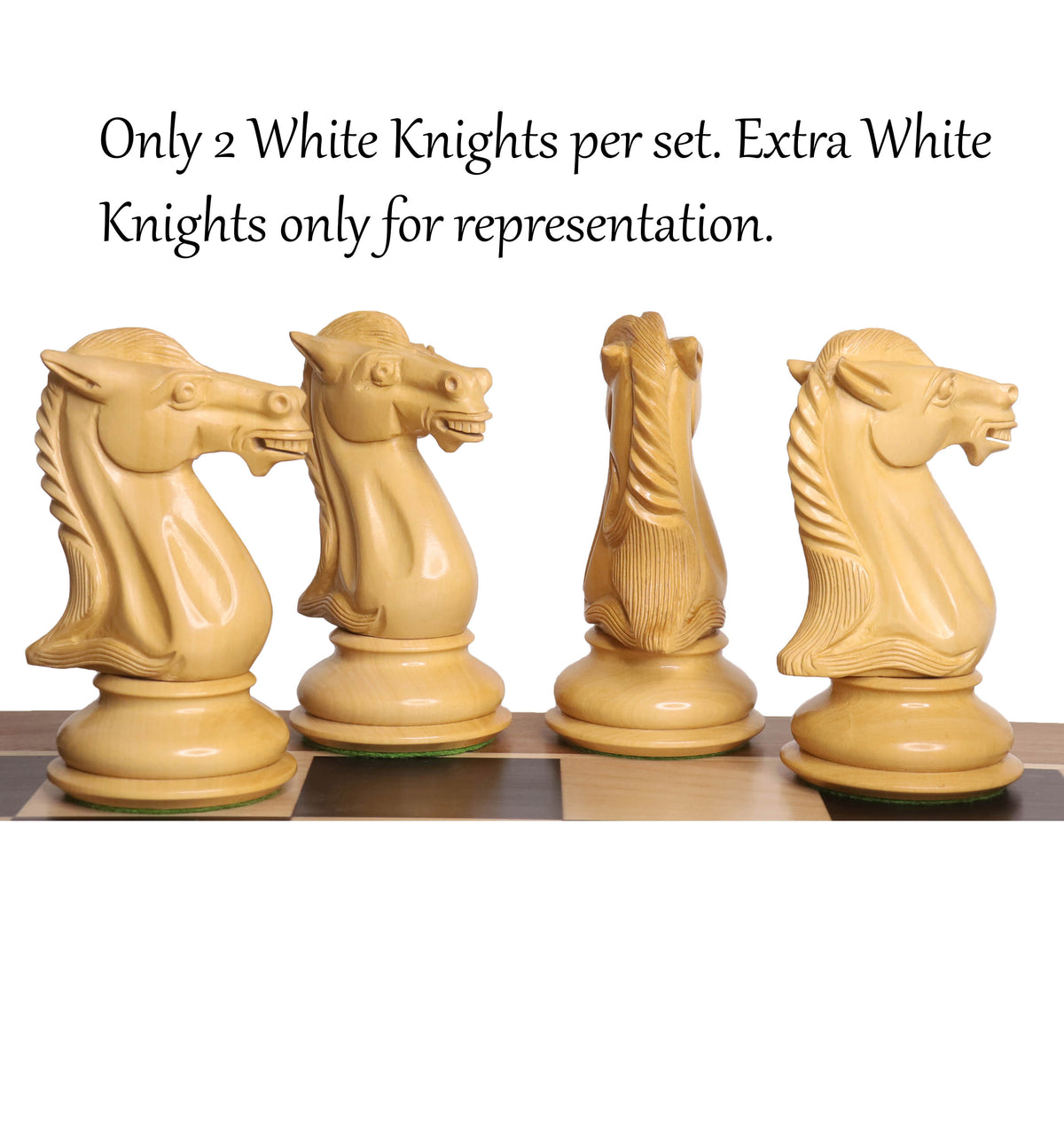 Detailed carving of white boxwood knight pieces for the Mammoth Staunton set.