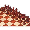 High-angle view of Bud Rosewood Chamfered Base Staunton pieces in starting position.
