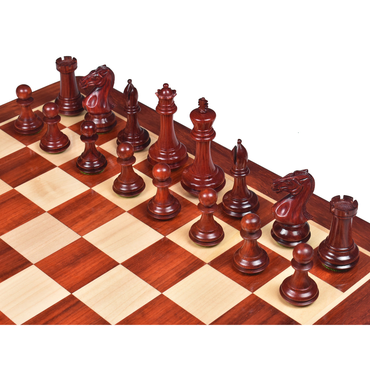 High-angle view of Bud Rosewood Chamfered Base Staunton pieces in starting position.