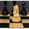 Front view of a finely detailed boxwood knight piece from the Dragon Luxury Staunton chess set.