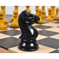 Close-up profile of a black ebony Harrwitz Staunton knight piece showcasing detailed mane carving.