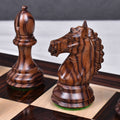 Detailed carving of the Alban Staunton Bud Rosewood knight and bishop chess pieces.