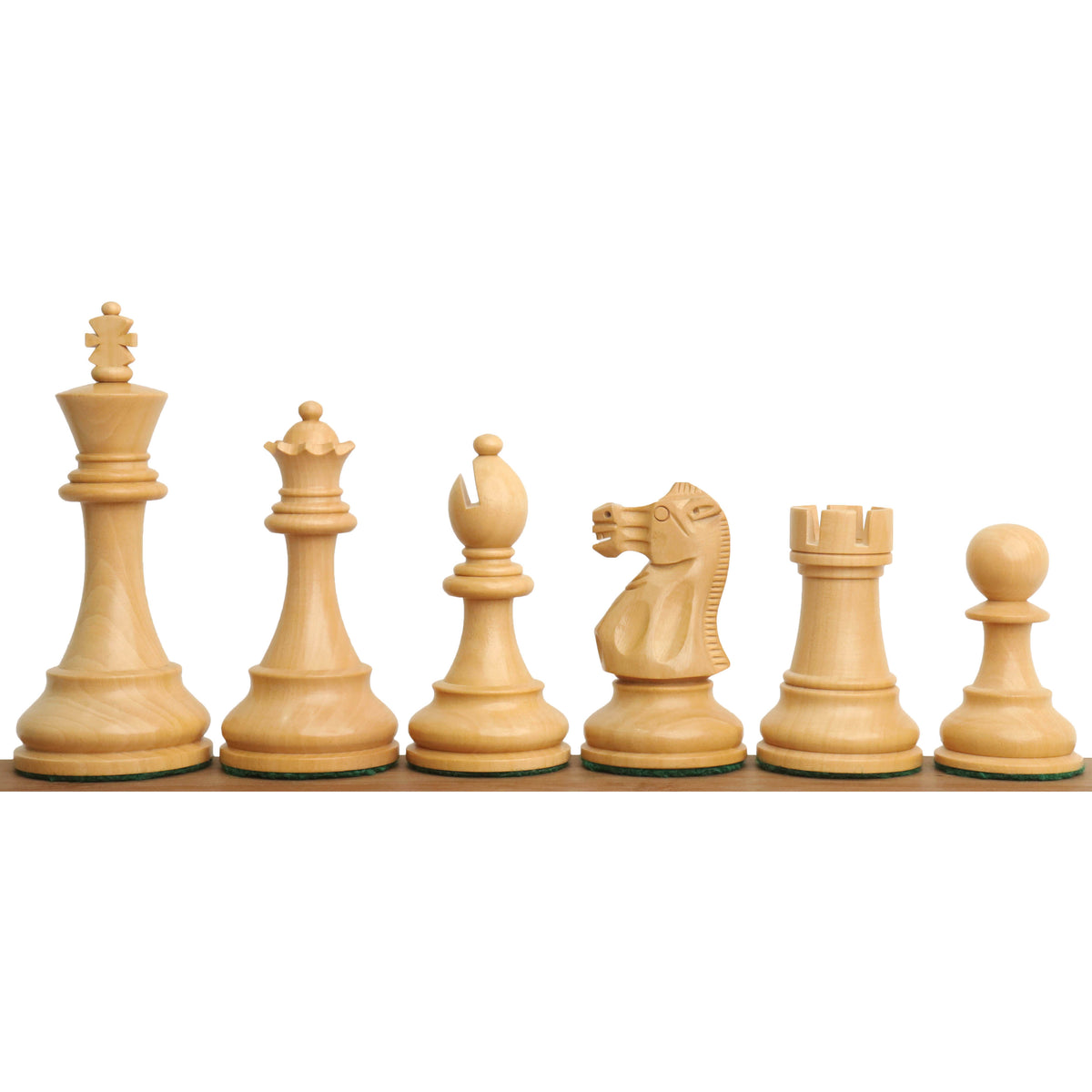 Lineup of six boxwood pieces from the 4.1 inch New Classic Staunton weighted wooden chess set.
