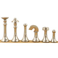 Full set lineup of the 3.1 inch Tower Series silver brass luxury chess pieces on a wooden base display.