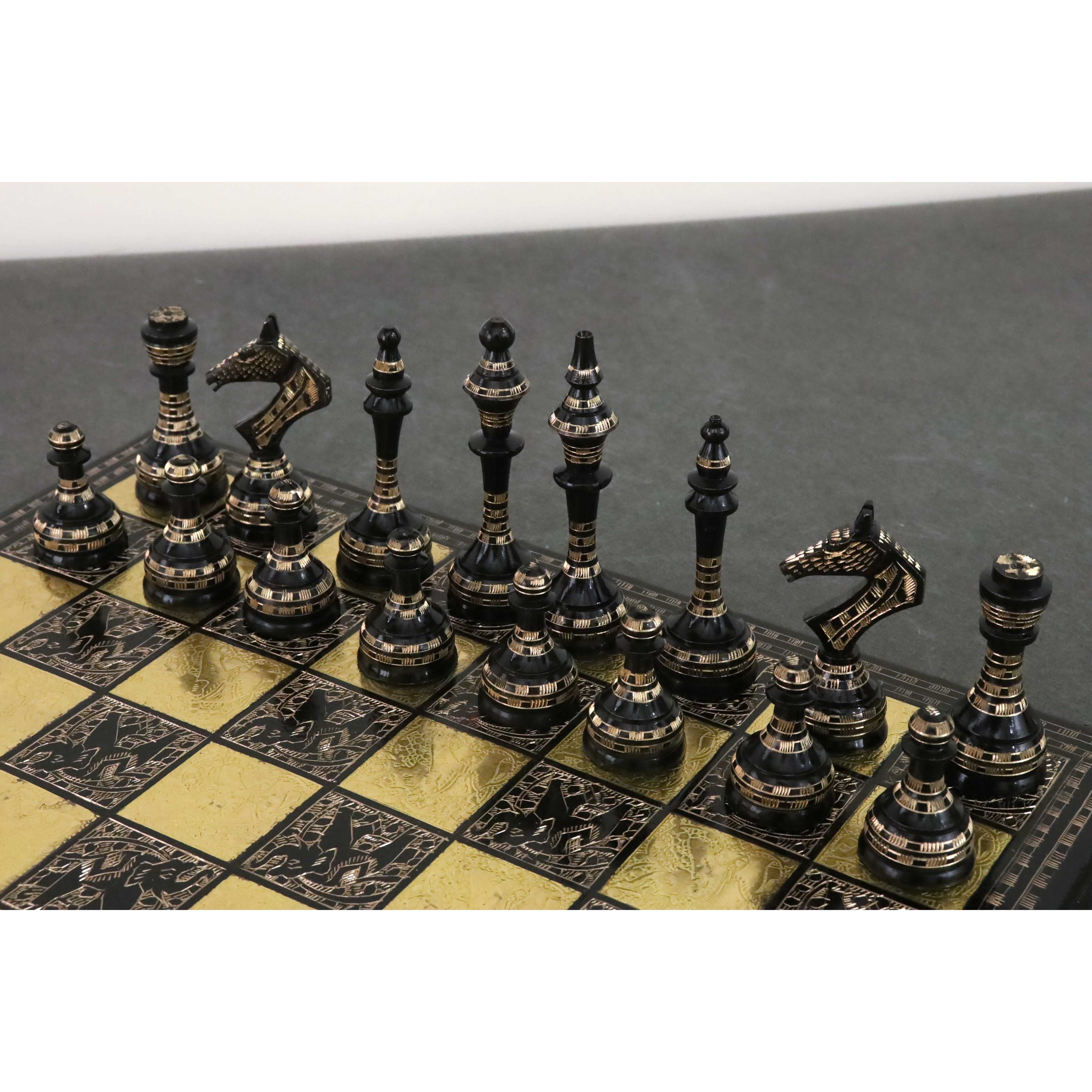 Soviet Inspired Brass Metal Luxury Chess Pieces & Board Set- 14" - Black & Gold - Unique Art