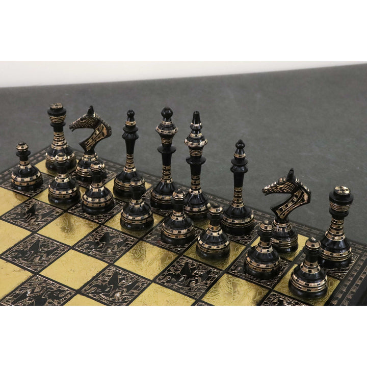 Luksusowy zestaw szachów i planszy z mosiądzu inspirowany ZSRR - 14" - Czarno-złoty - Unikalna sztuka