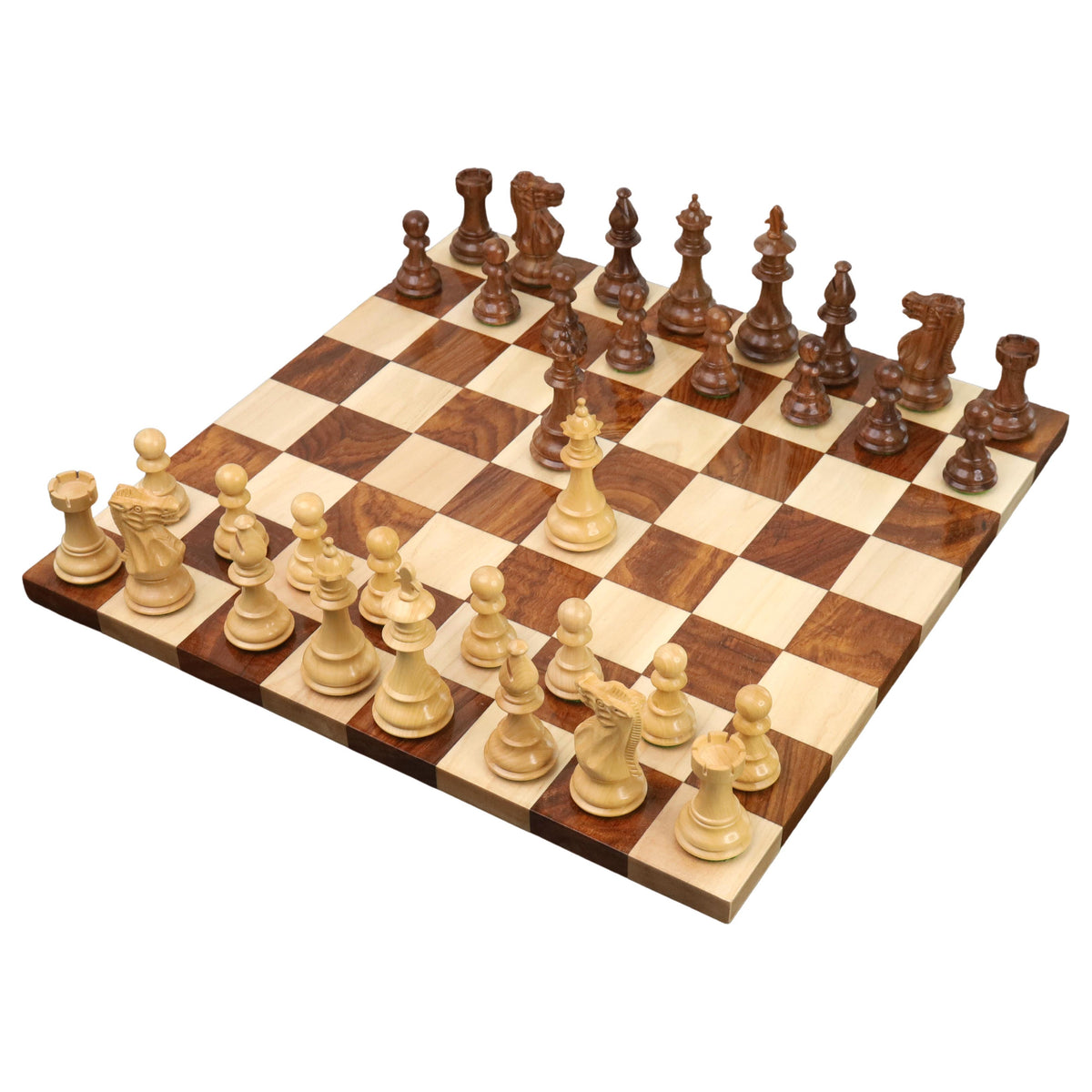 3.7" British Staunton chess pieces in Golden Rosewood and Boxwood arranged on a board with the white queen in the center.