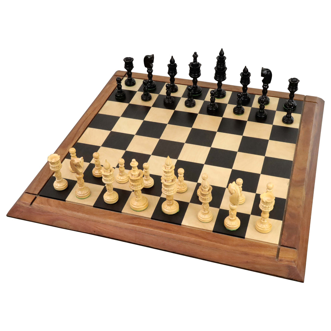 4.7" Juego de ajedrez tallado a mano Lotus Series - Piezas de ajedrez sólo en madera de ébano ponderada