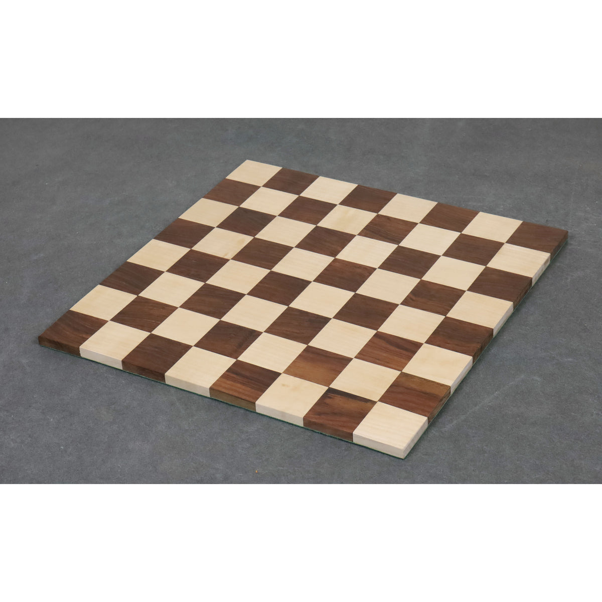 Full view of a 13 inch solid wood roll up travel chess board featuring 40mm golden rosewood and maple squares.