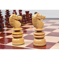 Detailed carving on the boxwood knights from the 4.3 inch St. George Pre-Staunton Calvert chess set.