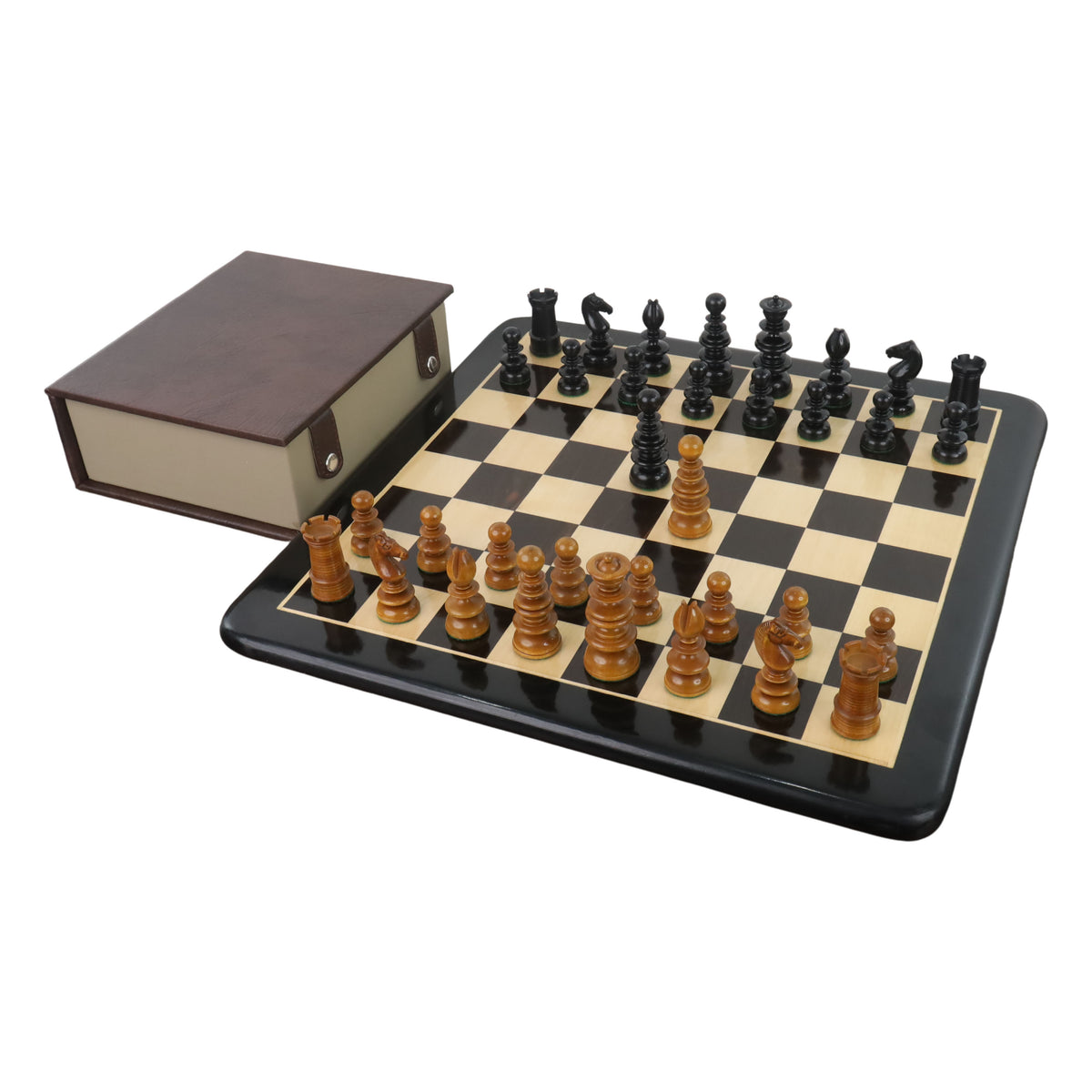 St. John Calvert chess set with matching storage box and 19-inch board.