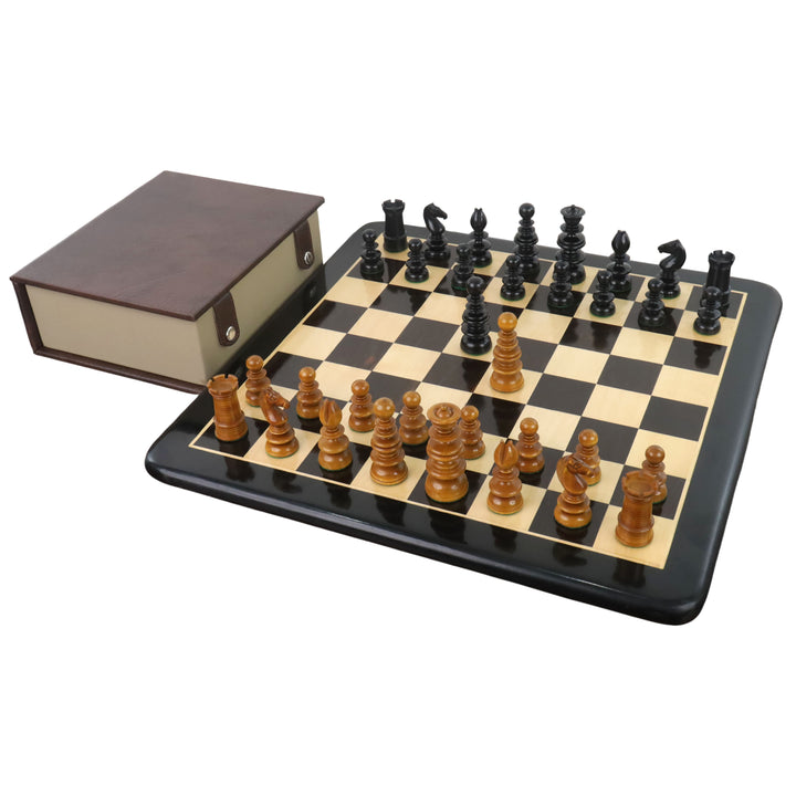 Kombo z 3,3" zestaw szachów St. John Pre-Staunton Calvert - elementy z drewna hebanowego z 19” planszą szachową i pudełkiem do przechowywania