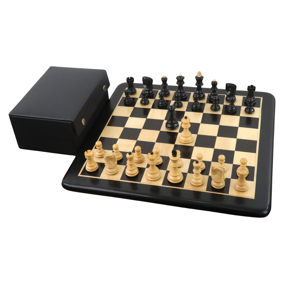 3.1" Russian Zagreb ebonised boxwood chess pieces on a board with a premium black storage box.