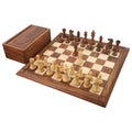 Complete 4.1" Pro Staunton weighted chess set in golden rosewood and boxwood with storage box.