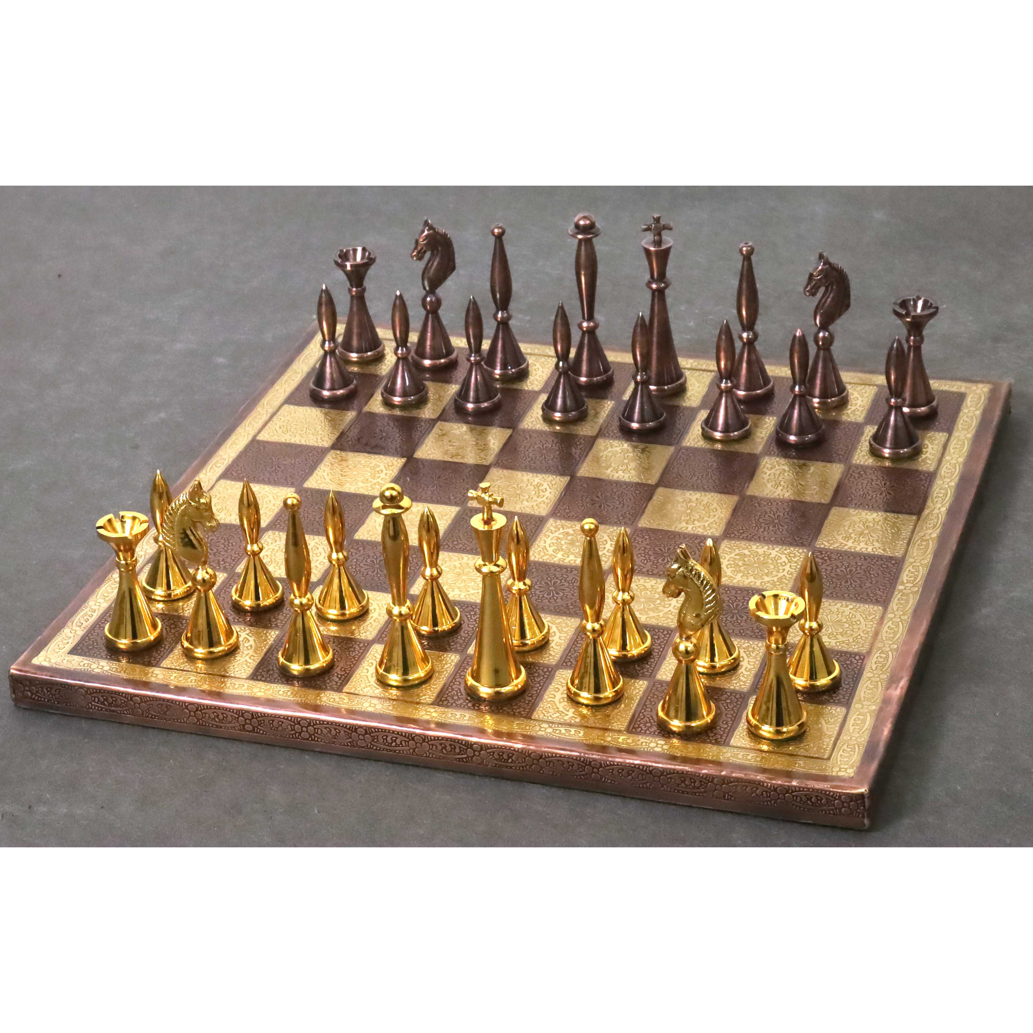 Full view of a 14 inch luxury brass chess set featuring antique copper and polished gold metal pieces.