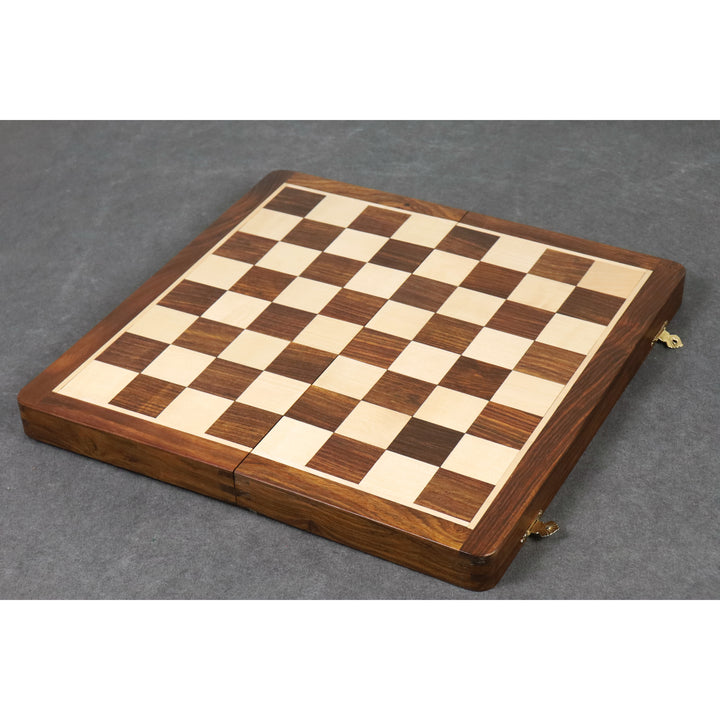 Handcrafted 14 inch square wooden chessboard with inlaid golden rosewood and maple squares.