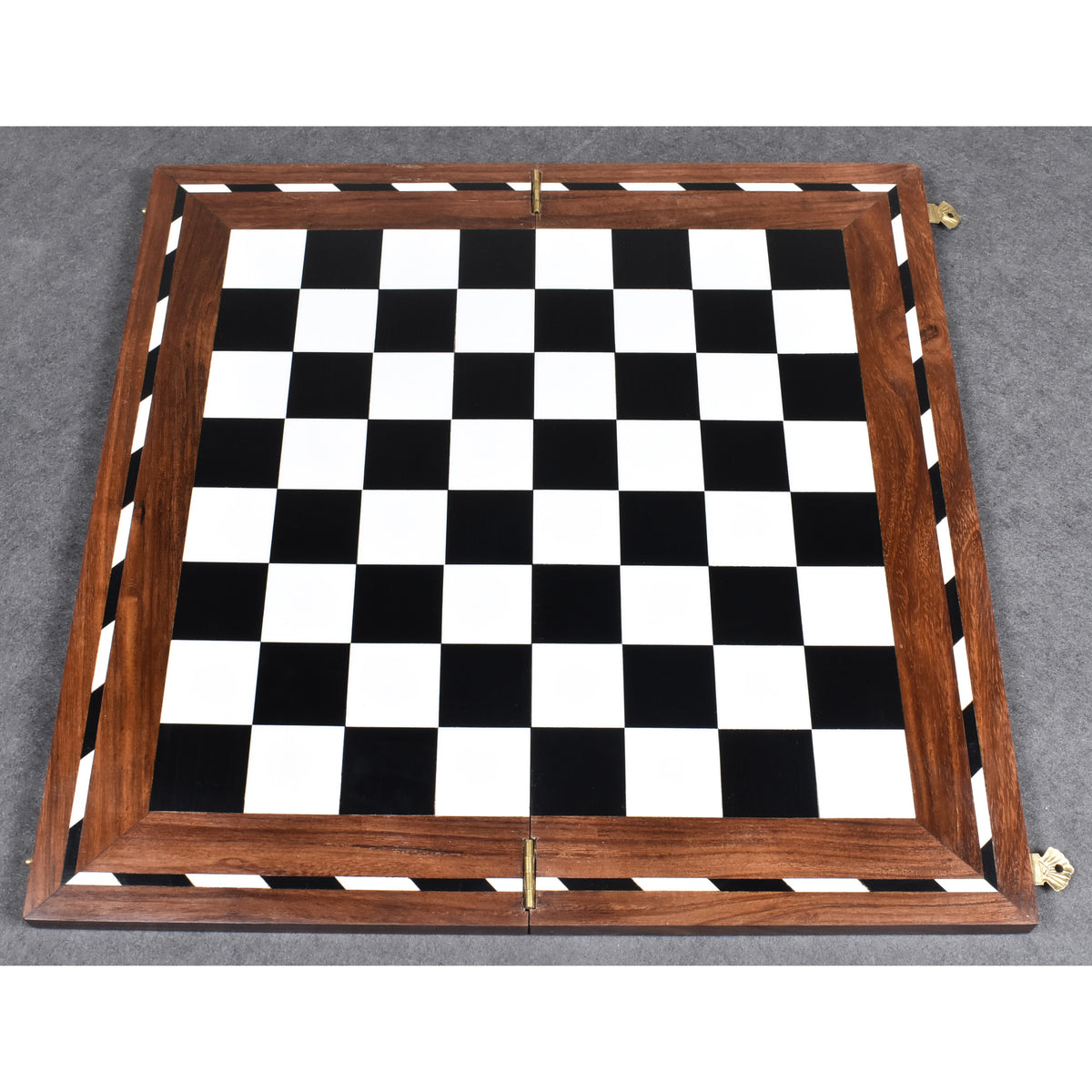 Overhead view of the 14 inch library series chess board showing the symmetric black and ivory checkered pattern.