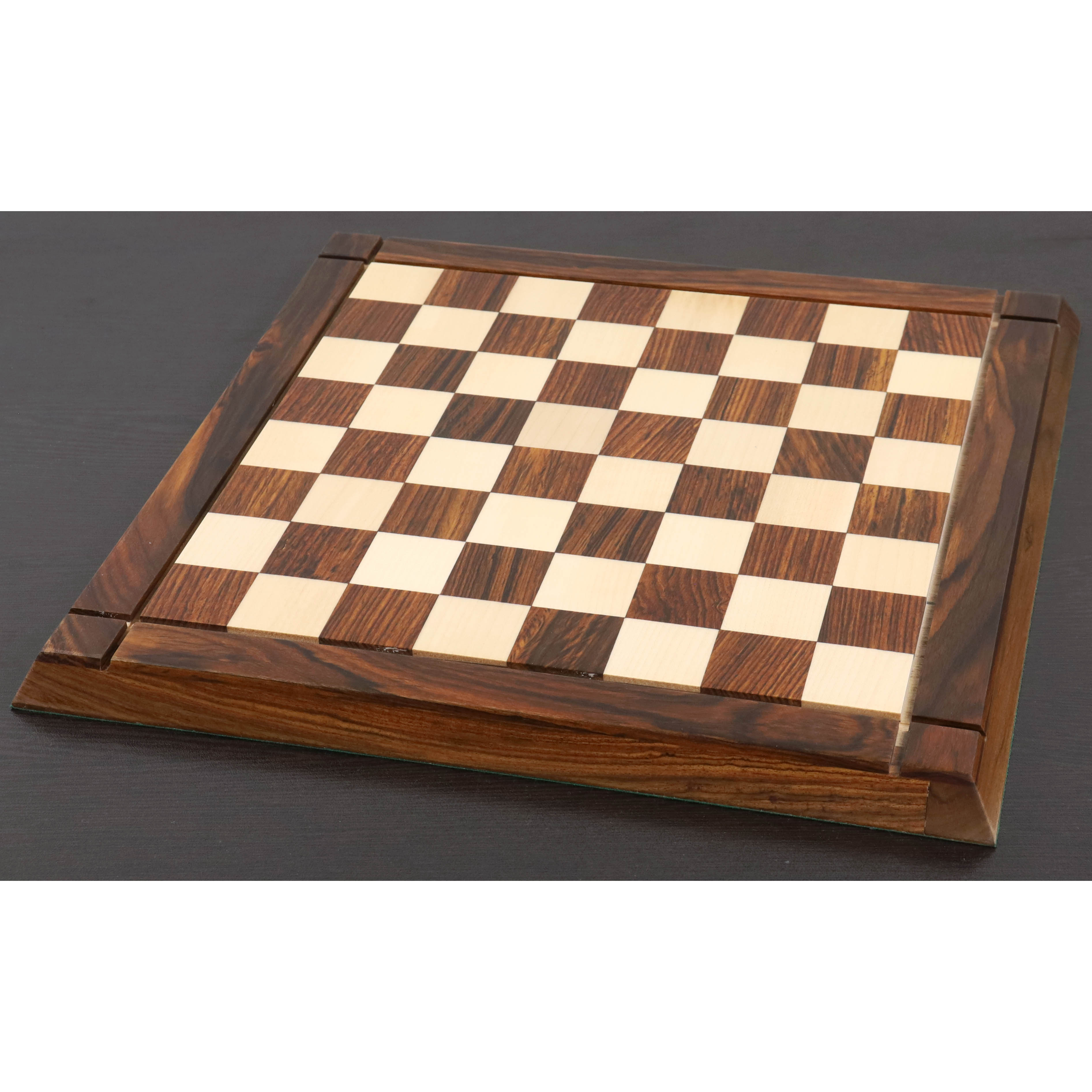 Full perspective of a 15 inch Drueke style golden rosewood and maple chess board.