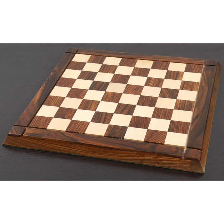 Full perspective of a 15 inch Drueke style golden rosewood and maple chess board.