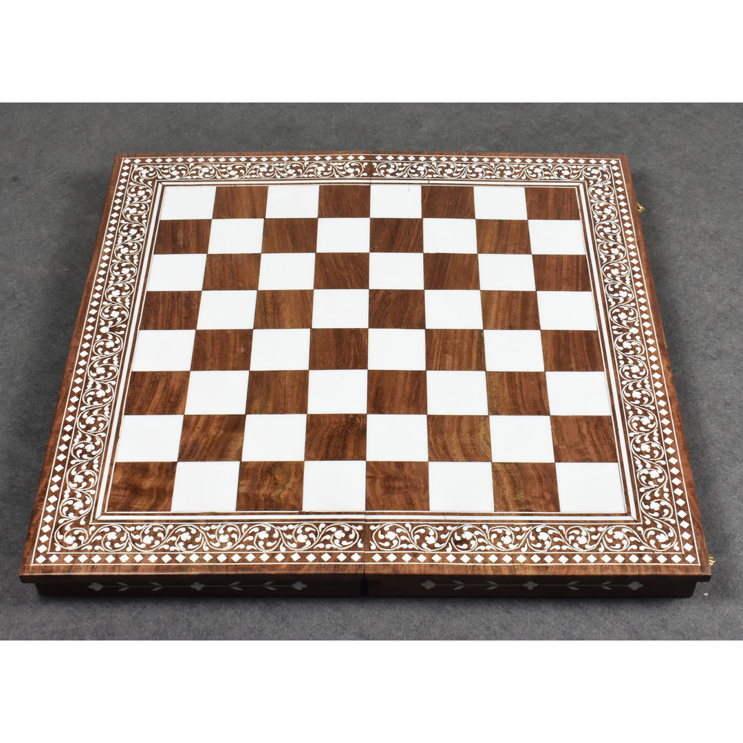 Full view of a 15 inch folding chess board with golden rosewood and faux ivory inlaid squares.