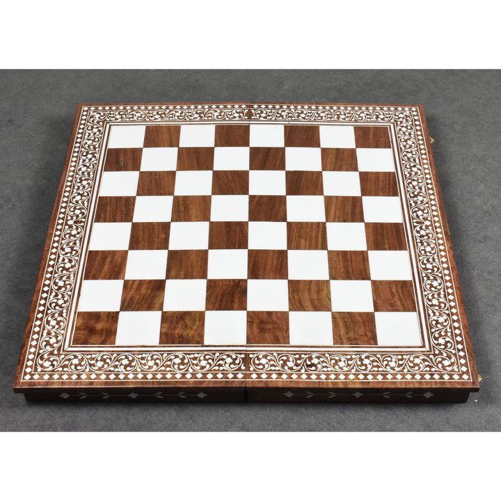 Full view of a 15 inch folding chess board with golden rosewood and faux ivory inlaid squares.
