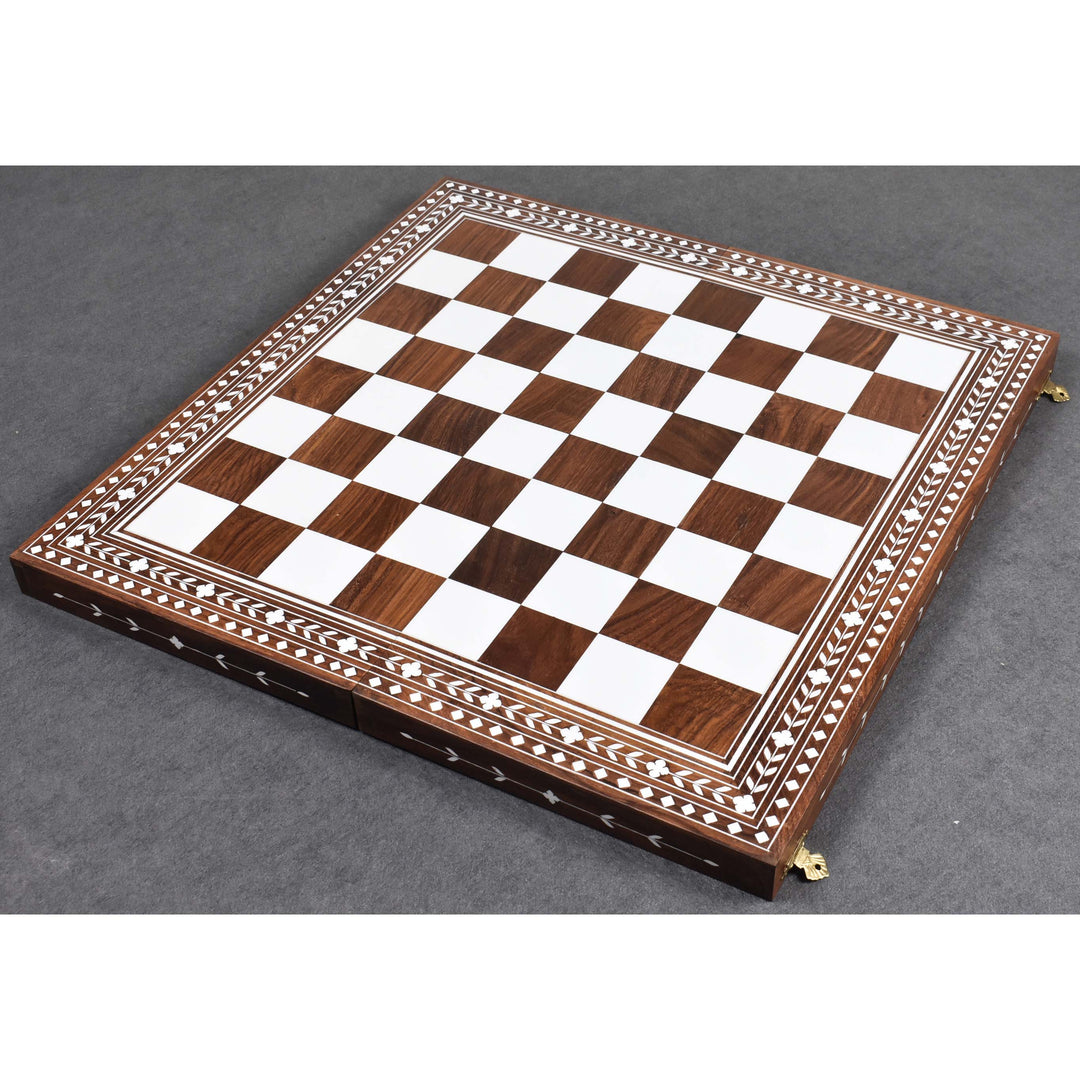 Fully opened 18 inch golden rosewood chess board featuring white acrylic ivory inlaid squares and borders.