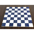 Top view of an 18 inch square marble stone chess board with blue lapis lazuli and white squares.