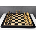 Overhead view of the lacquer gloss finish Parker Staunton chess pieces set ready for play.
