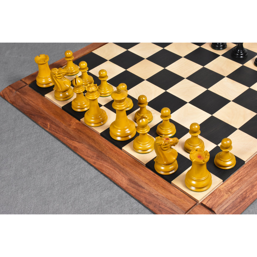 Full rank of antiqued boxwood chess pieces featuring the historical 1849 Cook Staunton design.