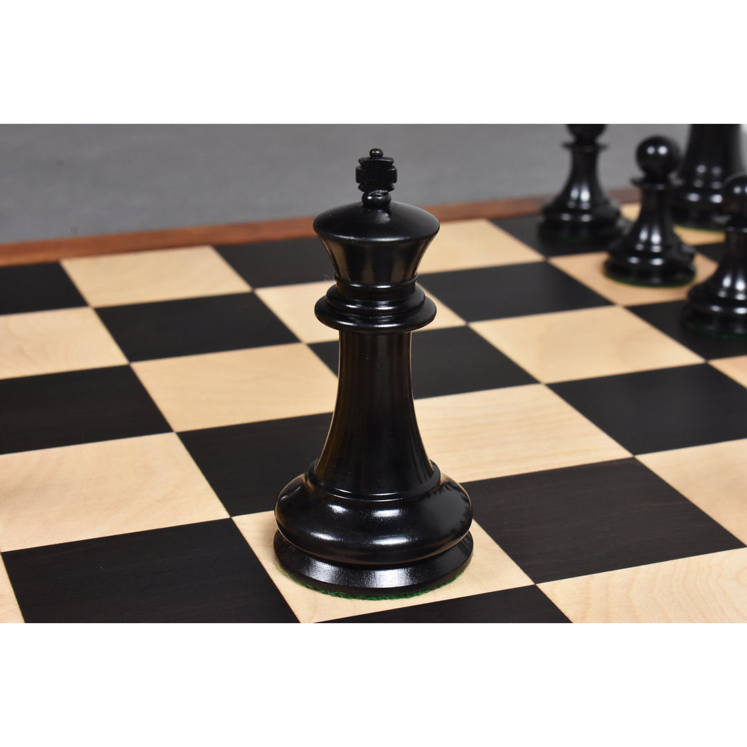 The 3.75 inch ebony king from the 1849 Jacques Cook Staunton collection on a matching board.