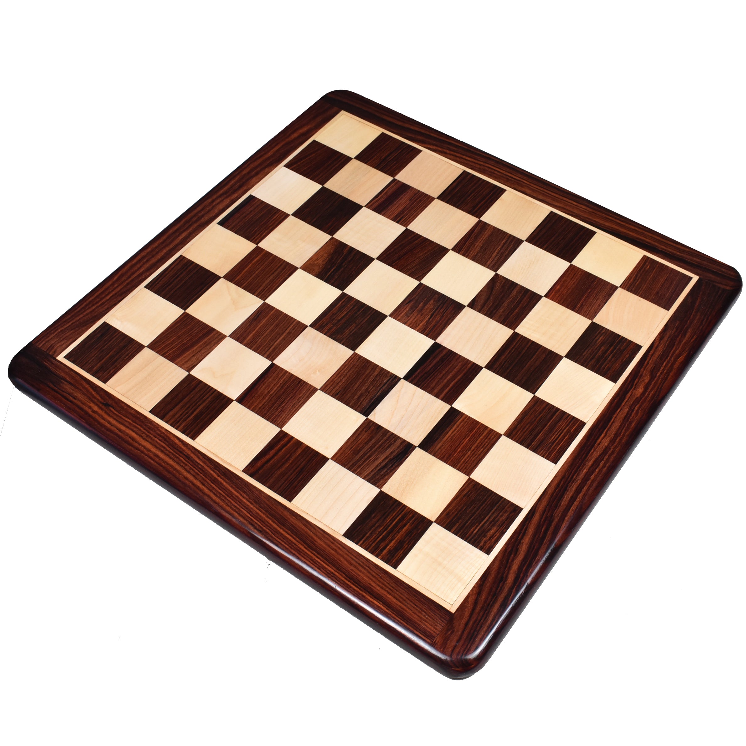 Full isometric view of a 19-inch premium flat chess board in rosewood and maple wood.