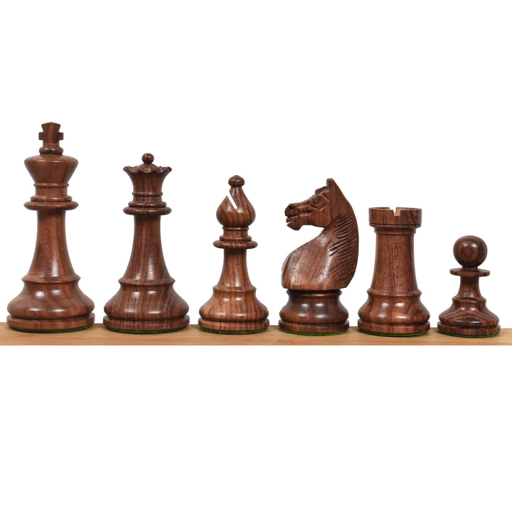Golden Rosewood chess pieces featuring the unique 1920s German Knight and Staunton profile.