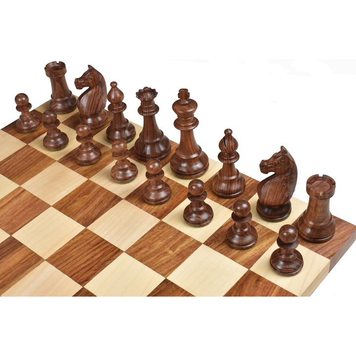 1920s German Collectors chess pieces in Golden Rosewood lined up on a premium wooden board.