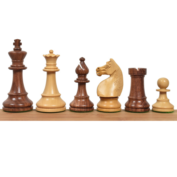 Golden Rosewood and Boxwood 1920s German Staunton chess pieces displayed in a row.