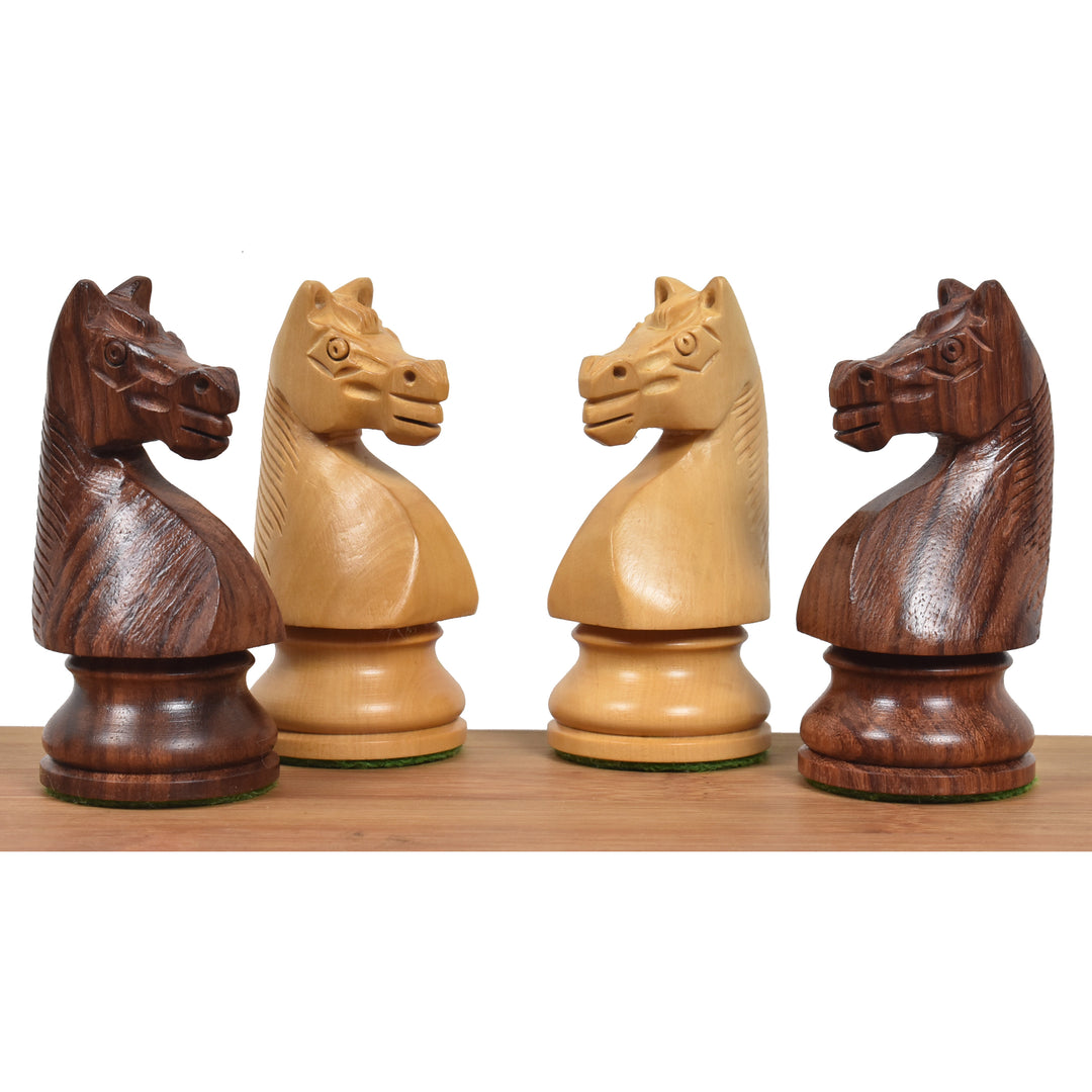 Hand-carved 1920s German style Knights in Boxwood and Golden Rosewood facing each other.