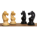 Detailed carved boxwood and ebonised knights from the 1933 Botvinnik Flohr Soviet chess set.