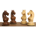 Detailed view of the uniquely carved Soviet-style knights in golden rosewood and boxwood.