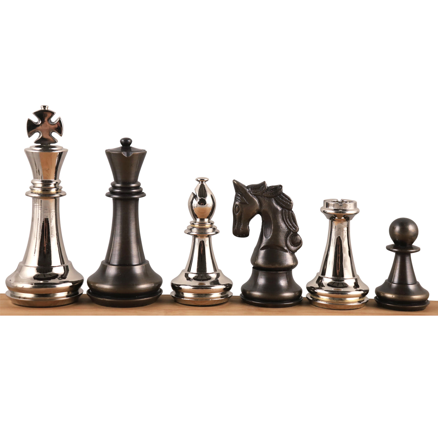 4.3" Staunton Inspired Brass Metal Luxury Chess Pieces Only Set-Silver & Antique