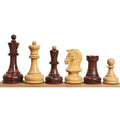 A side-by-side lineup of the 1970s Dubrovnik chess pieces showing the King, Queen, Bishop, Knight, Rook, and Pawn in Rosewood.
