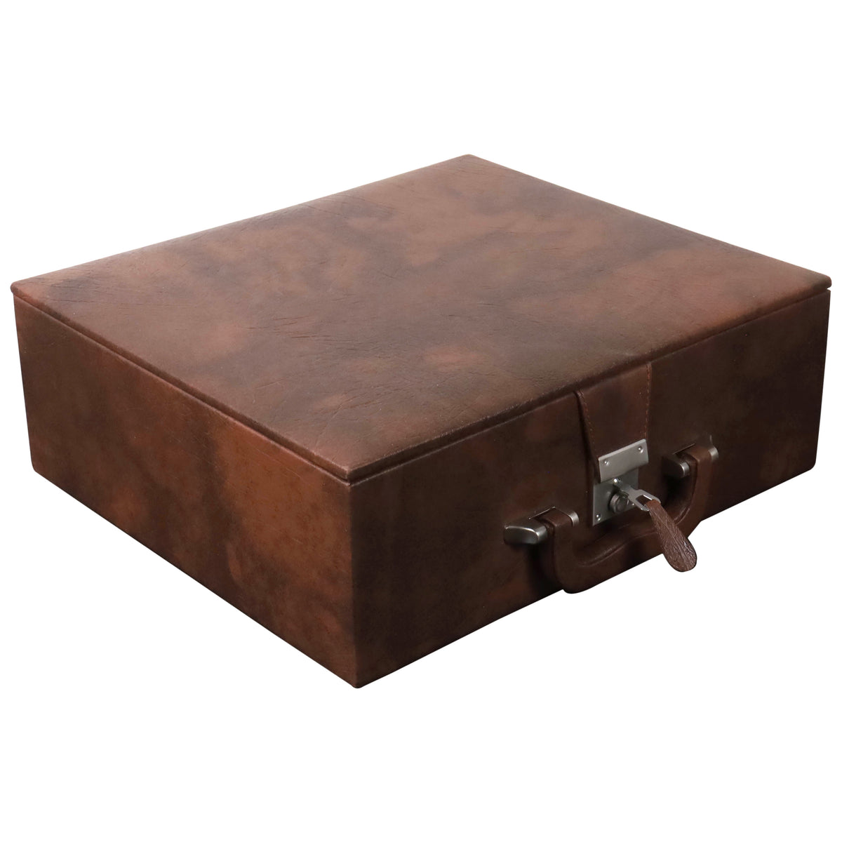 Closed tan brown leatherette chess coffer storage box with polished metallic latch and handle.