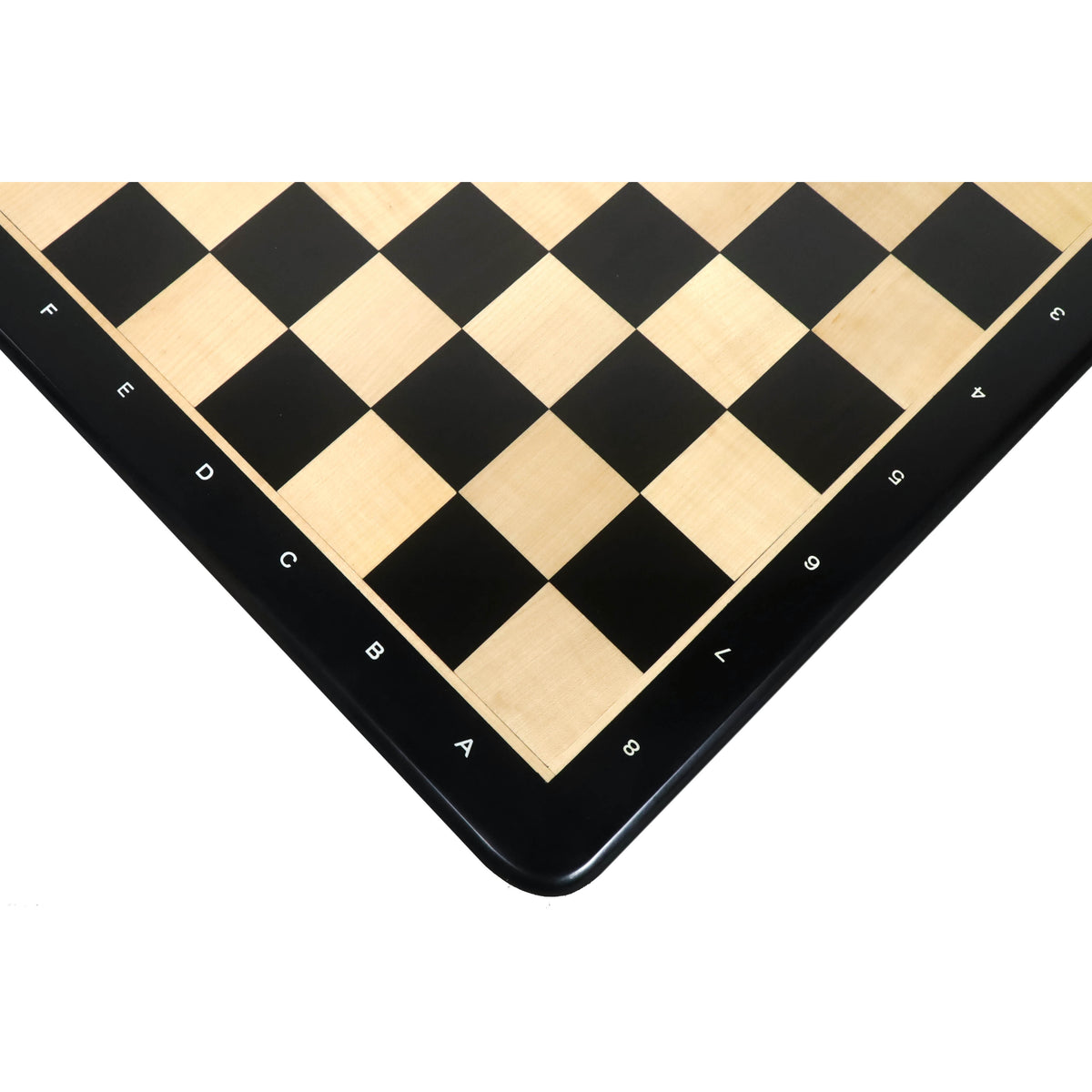 Close-up of the corner of a 21 inch Ebony and Maple wood chess board showing algebraic notations A, B, C and numbers 7, 8.