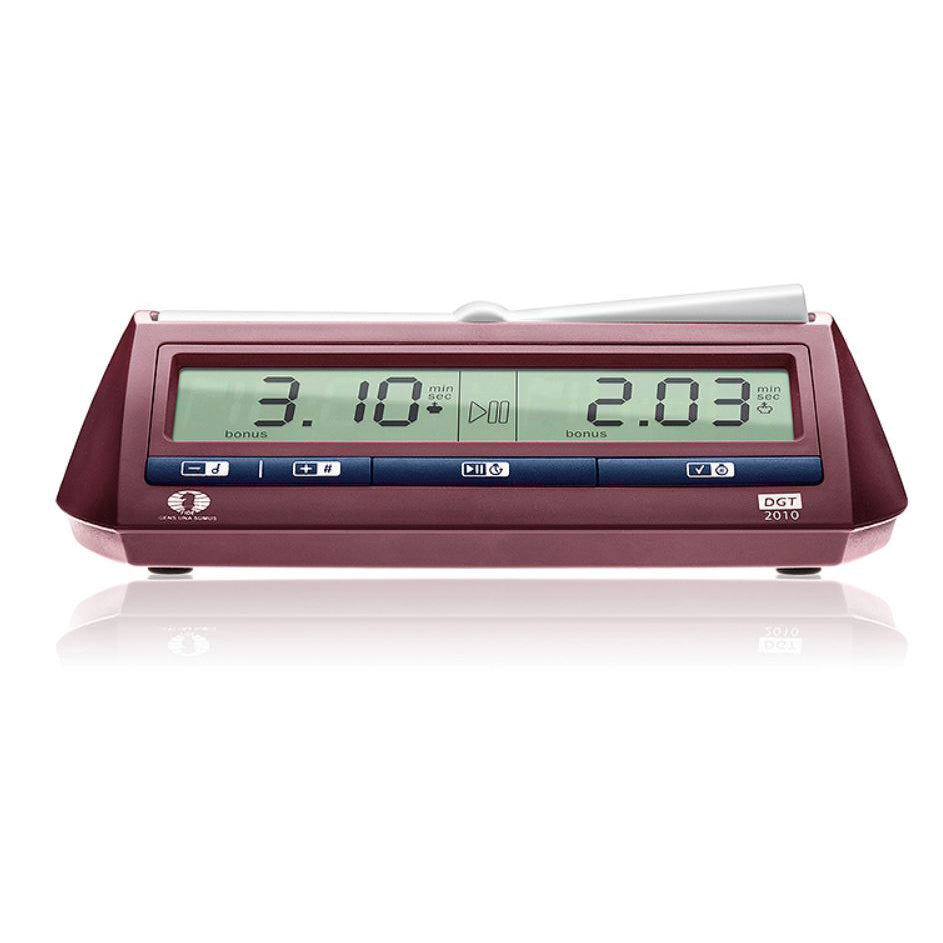 The official FIDE DGT 2010 digital chess clock featuring clear digital displays and functional control buttons.