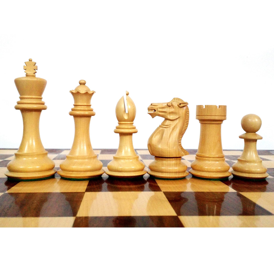 Combo di pezzi di scacchi in legno pesati Pro Staunton da 4,1" in palissandro dorato con scacchiera da 21" e scatola di legno per riporli