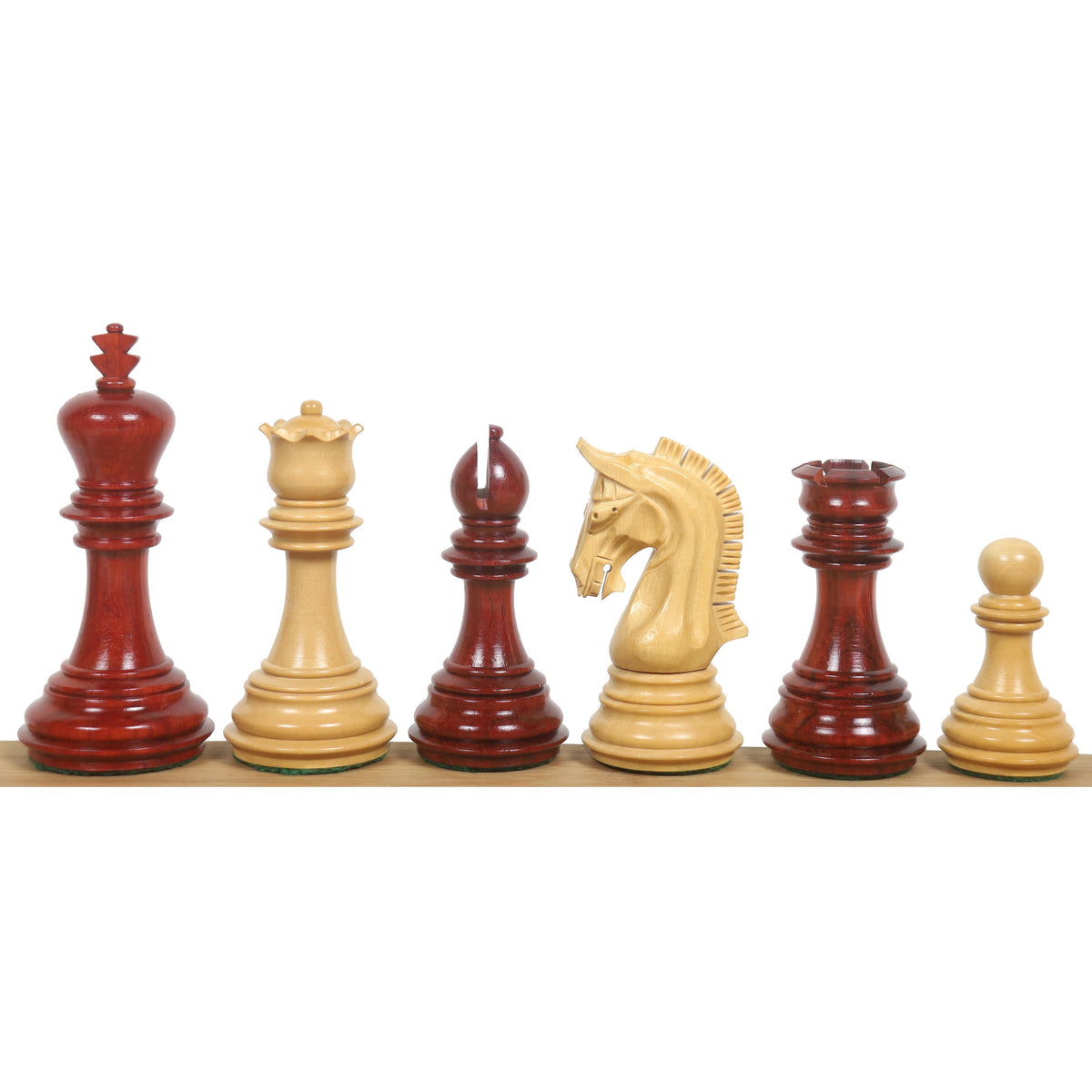 Alternating bud rosewood and boxwood Imperial Staunton chess pieces lined up from king to pawn.